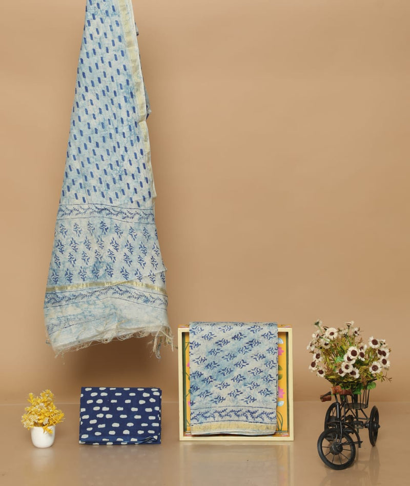 Pure Hand Block Chanderi Silk Unstitched Suit With Chanderi Dupatta