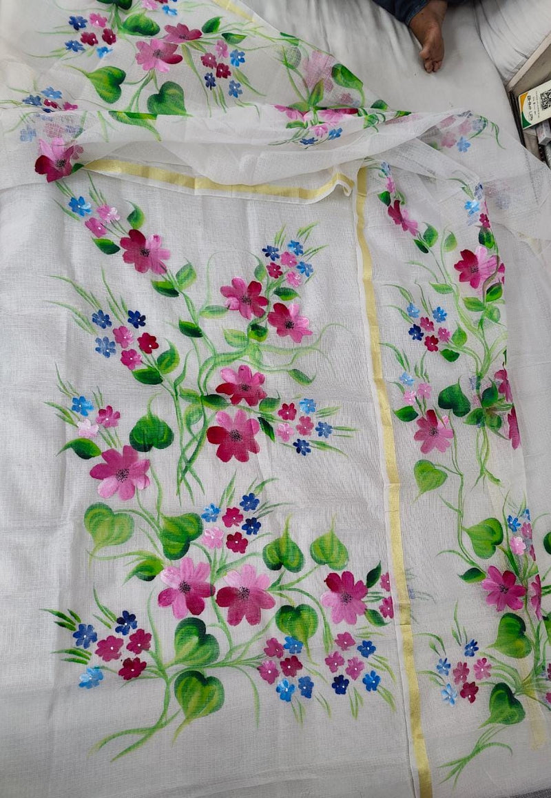 Pure Kota Doriya Hand Brush Print Unstitched Suit With Dupatta & Bottom