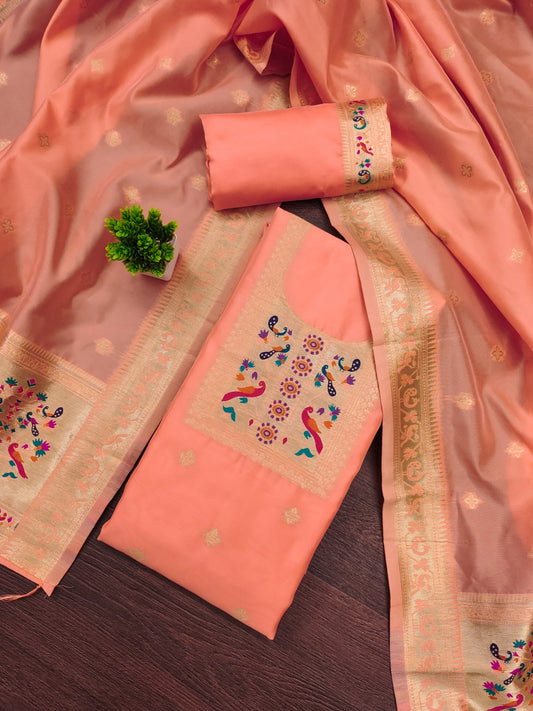 Designer Paithani Woven Unstitched Suit With Bottom