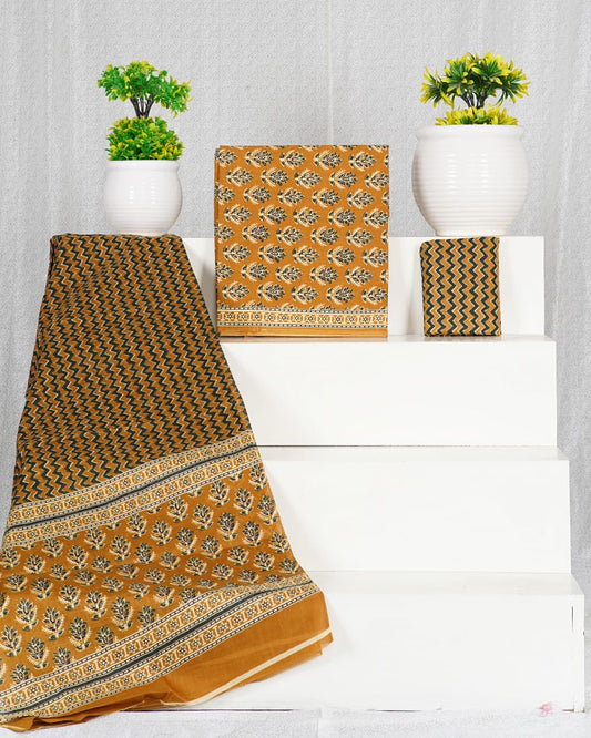 Pure Cotton Hand Block Print Unstitched Suit With Mul Cotton Dupatta.