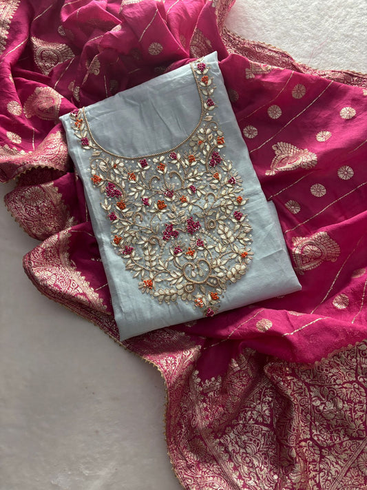 Rich Chanderi  Unstitched Suit with Zardogi Work with Dupatta