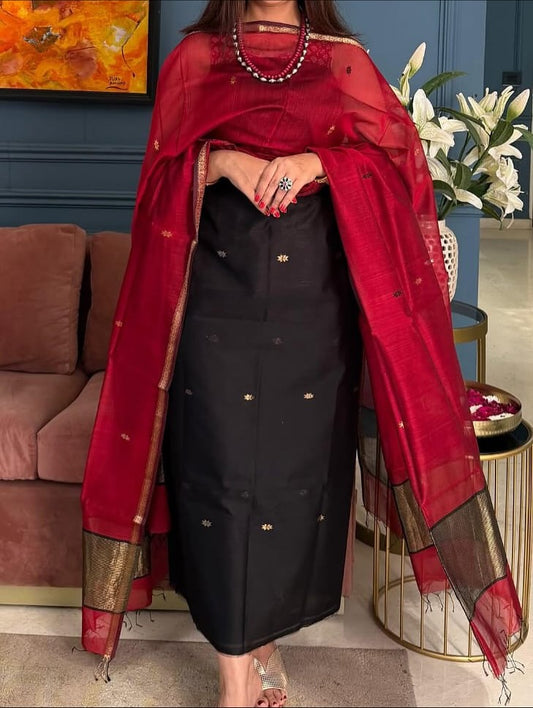 Pure Maheswari Silk Cotton Handwoven Unstitch Suit With  Buti