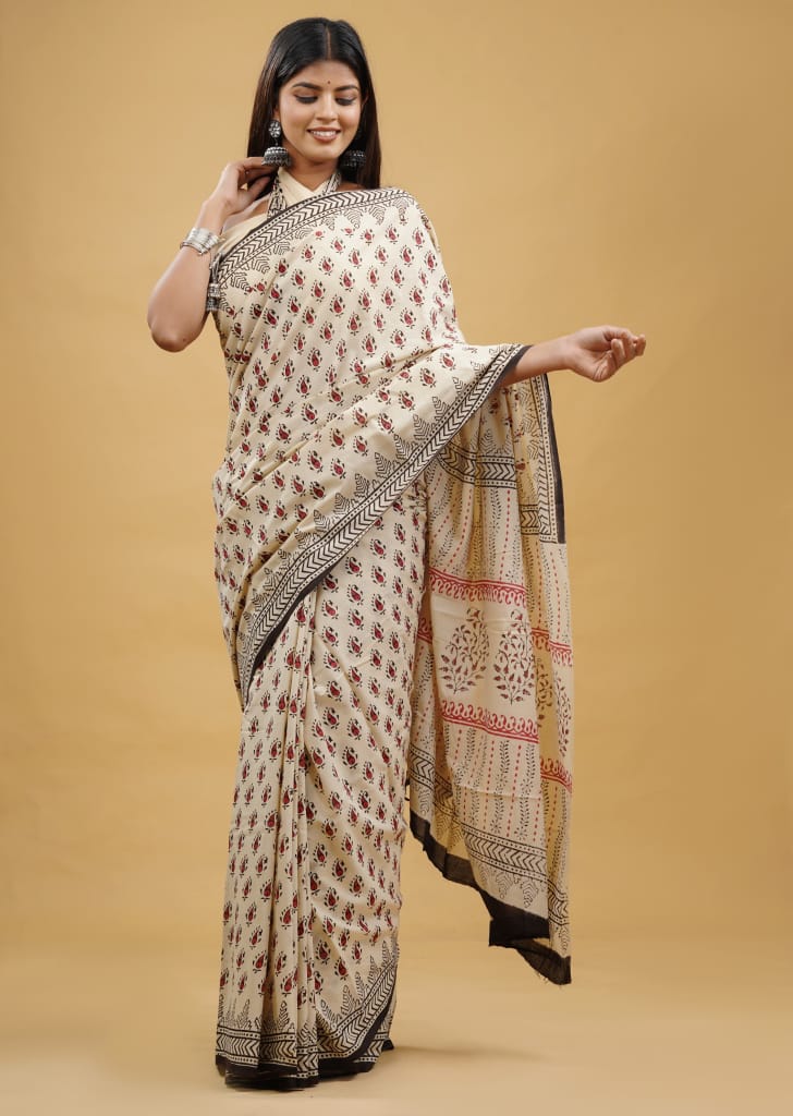 Pure Hand Block Printed Cotton Sarees With Blouse