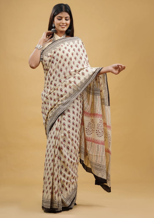 Pure Hand Block Printed Cotton Sarees With Blouse