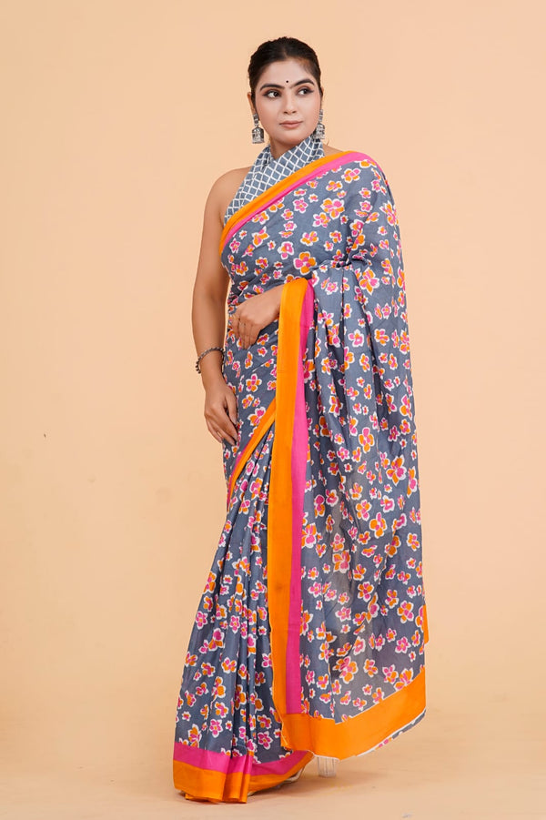 Pure Hand Printed Cotton Sarees With Blouse