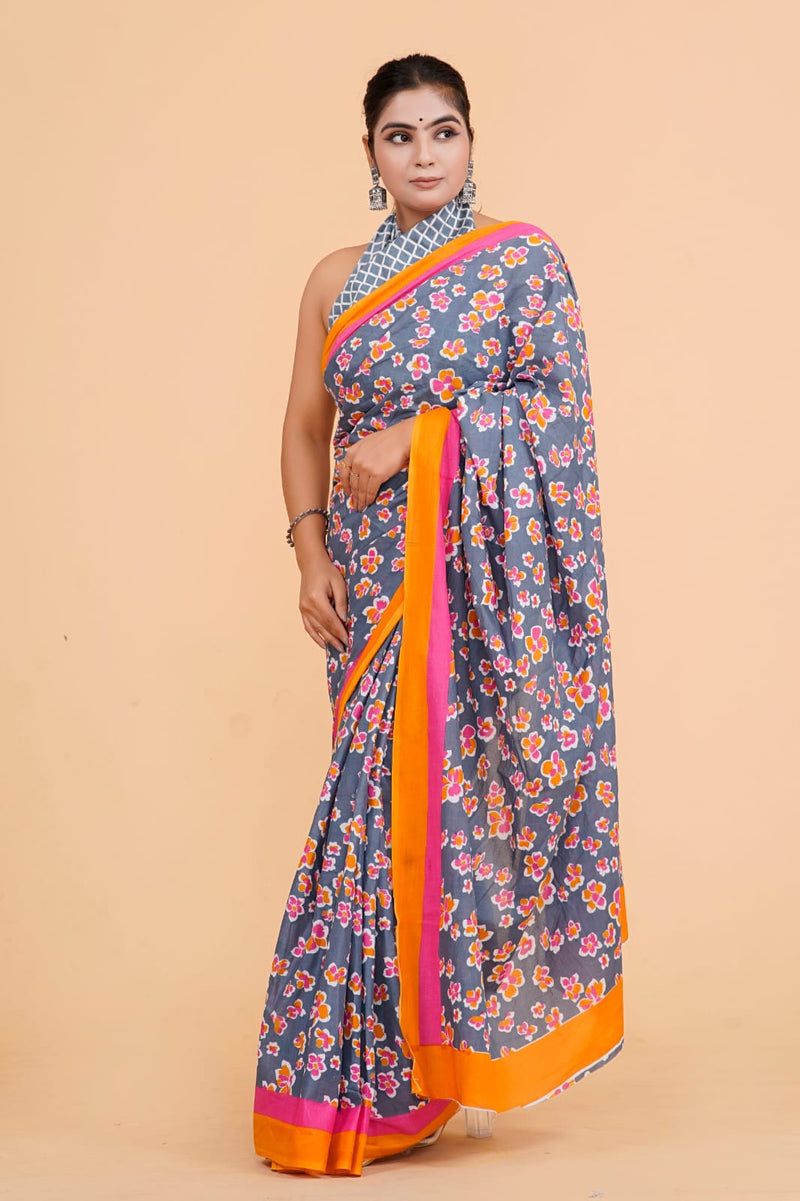 Pure Hand Printed Cotton Sarees With Blouse