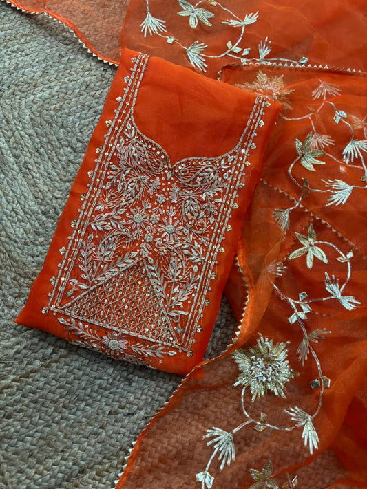 Pure Organza unstitched suit Zardogi Work With Gota lace  Dupatta