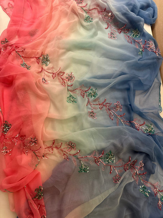 Pure Jaipuri Dimond Chiffon Sequence  Zari Work Saree With Running Blouse.
