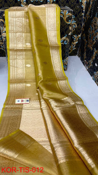 Banarasi Tissue Silk Saree With Zari Booti Weaving Designer Pallu