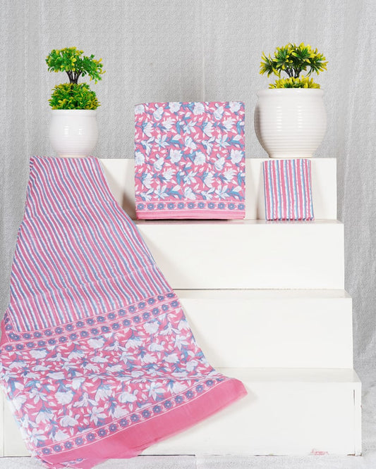 Pure Cotton Jaipuri Hand Block Print Unstitched Suit With Mul Cotton Dupatta.