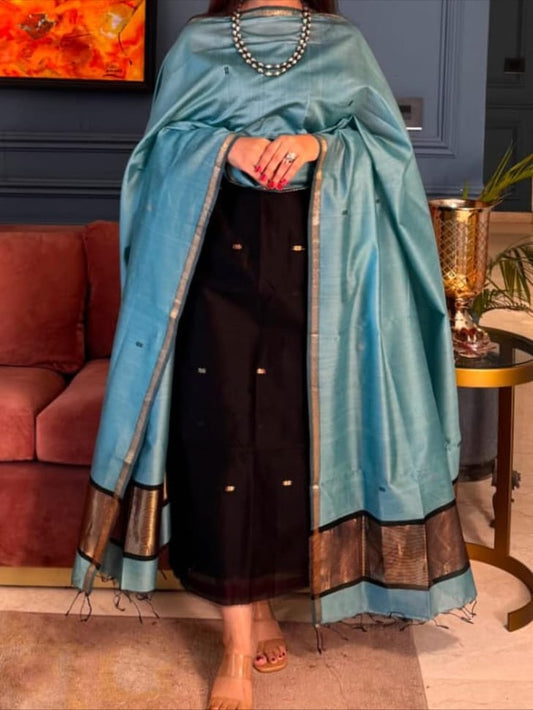 Pure Maheswari Silk Cotton Handwoven Unstitch Suit With  Buti