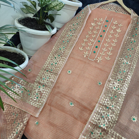 Pure Kota Doriya Gotta Patti Work Unstitched Suit .