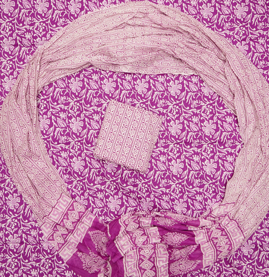 Pure Cotton Hand Block Print Unstitched Suit With Mul Cotton Dupatta.