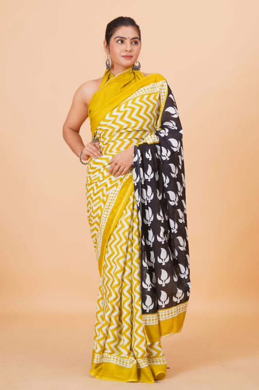 Pure Hand Printed Cotton Sarees With Blouse