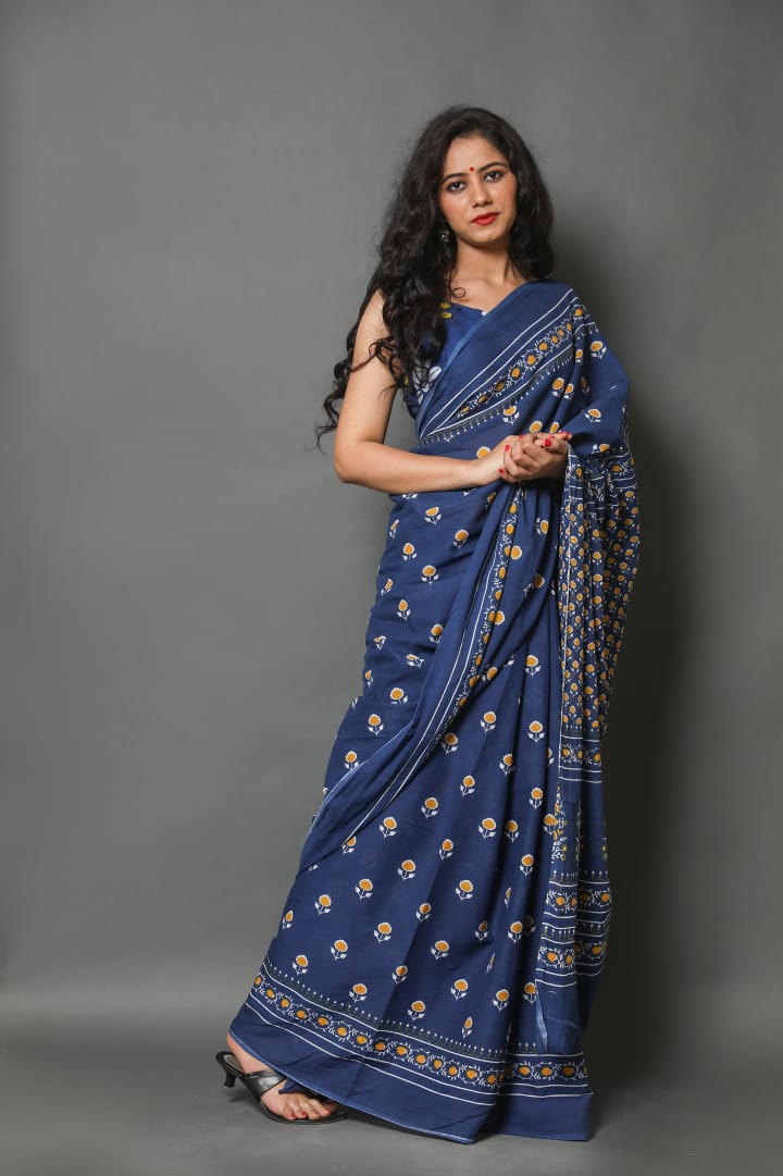 Pure Hand Printed Cotton Sarees With Blouse