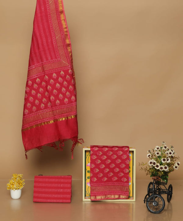 Pure Hand Block Chanderi Silk Unstitched Suit With Chanderi Dupatta