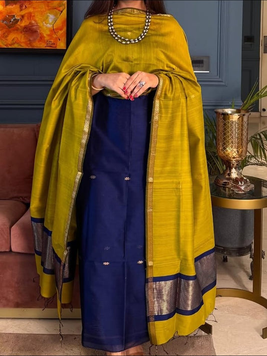 Pure Maheswari Silk Cotton Handwoven Unstitch Suit With  Buti