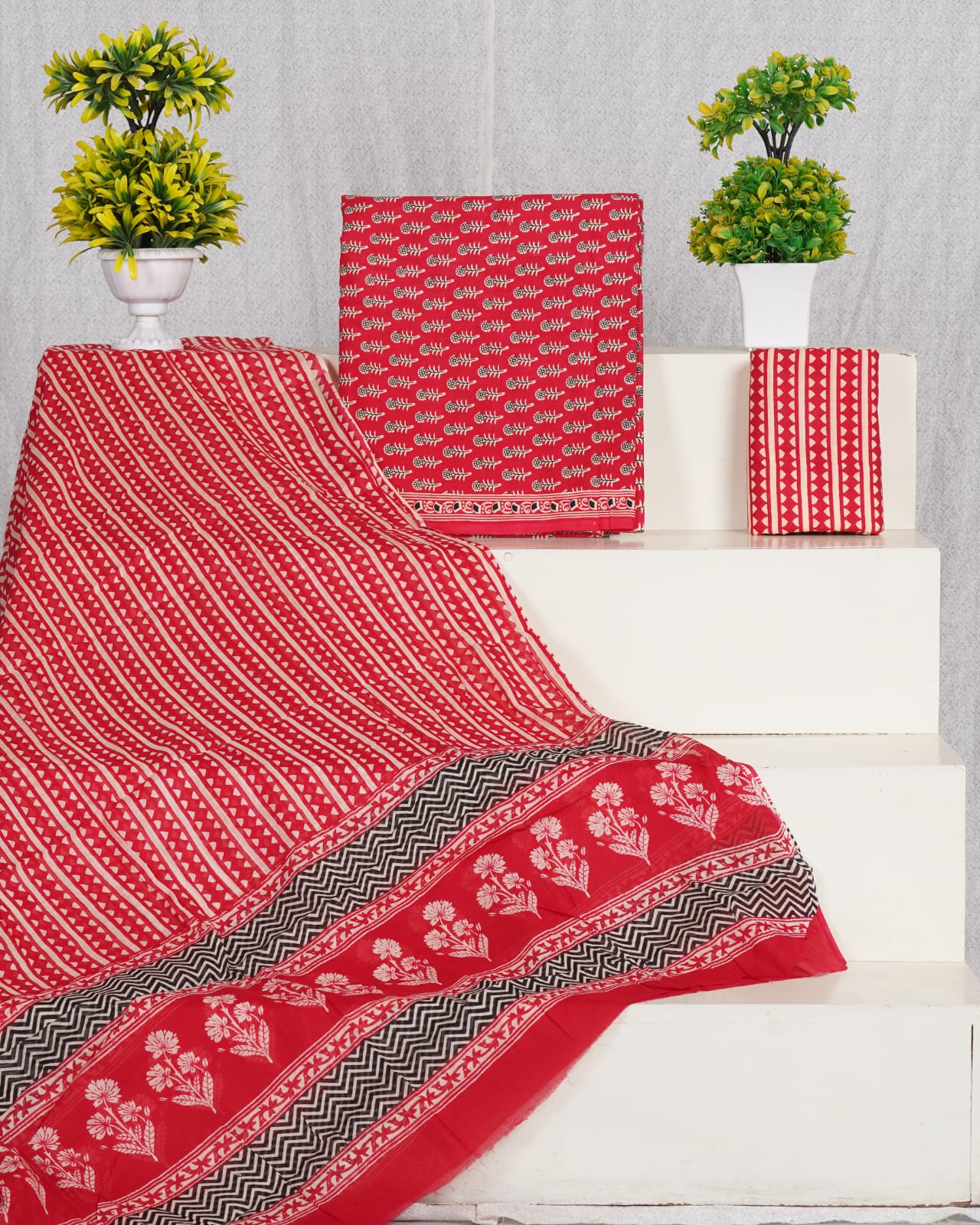 Pure Cotton Jaipuri Hand Block Print Unstitched Suit With Mul Cotton Dupatta.