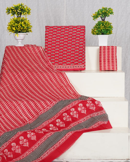 Pure Cotton Jaipuri Hand Block Print Unstitched Suit With Mul Cotton Dupatta.