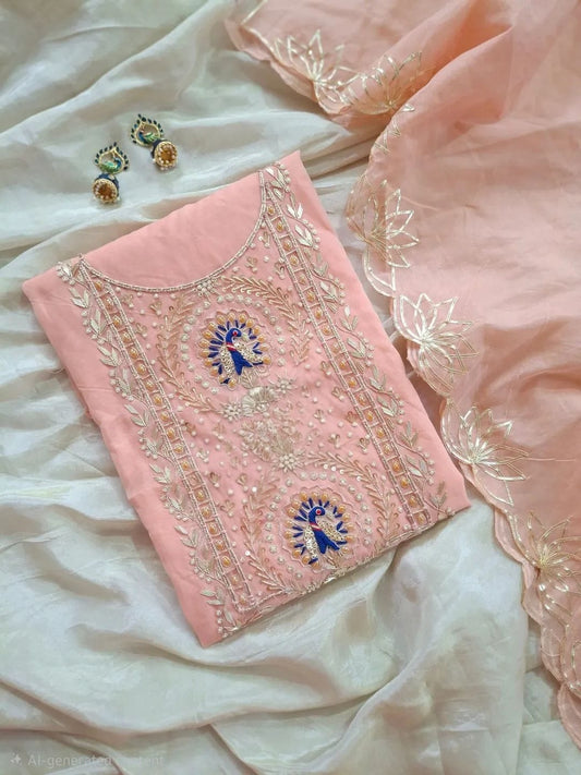 Premium Modal Rajwadi Chanderi Unstitched Suit With Banarsi dupatta
