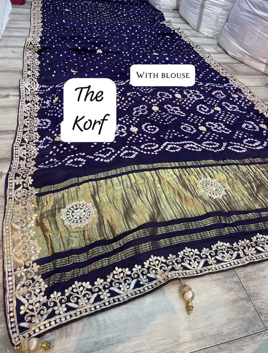 Pure Hand Bandhej Gajji Silk Saree Gota Patti Work With Hand Work Blouse.