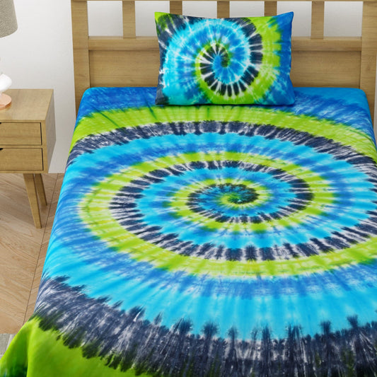 Pure Cotton Tie & Day Print Single Bed Bedsheet With 1 Pillow Cover
