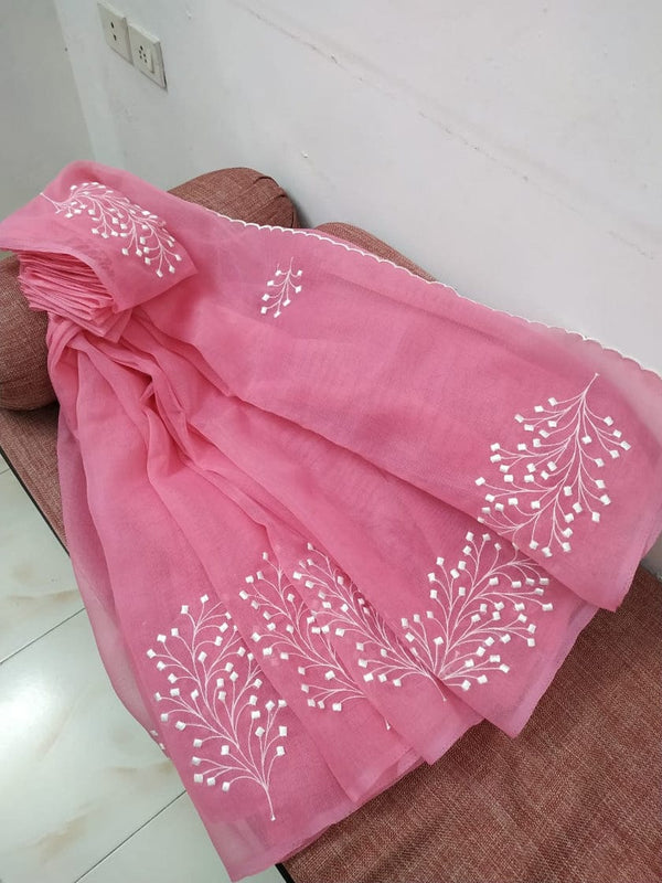 Pure Kota Doriya Cotton Embroidery Work Saree With Blouse