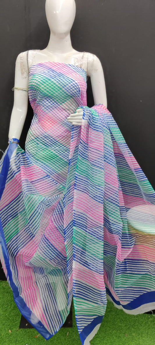 Pure Kota Doriya Leheriya Print Unstitched Suit With Bottom