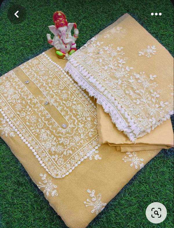 Pure Kota Doriya Embroidery Work Unstitched Suit With Bottom.