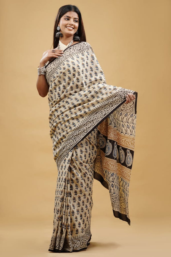 Pure Hand Block Printed Cotton Sarees With Blouse