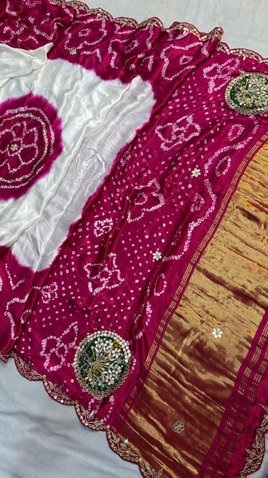 Pure Hand Bandhej Gajji Silk Saree Gota Patti Work With Hand Work Blouse.