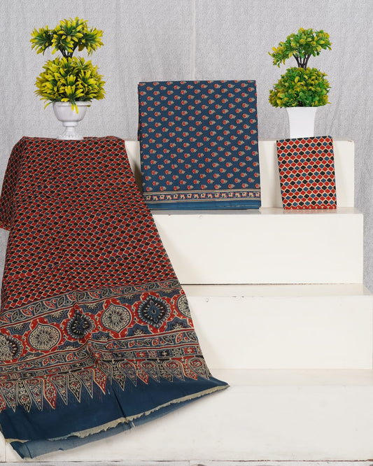 Pure Cotton Jaipuri Hand Block Print Unstitched Suit With Mul Cotton Dupatta.
