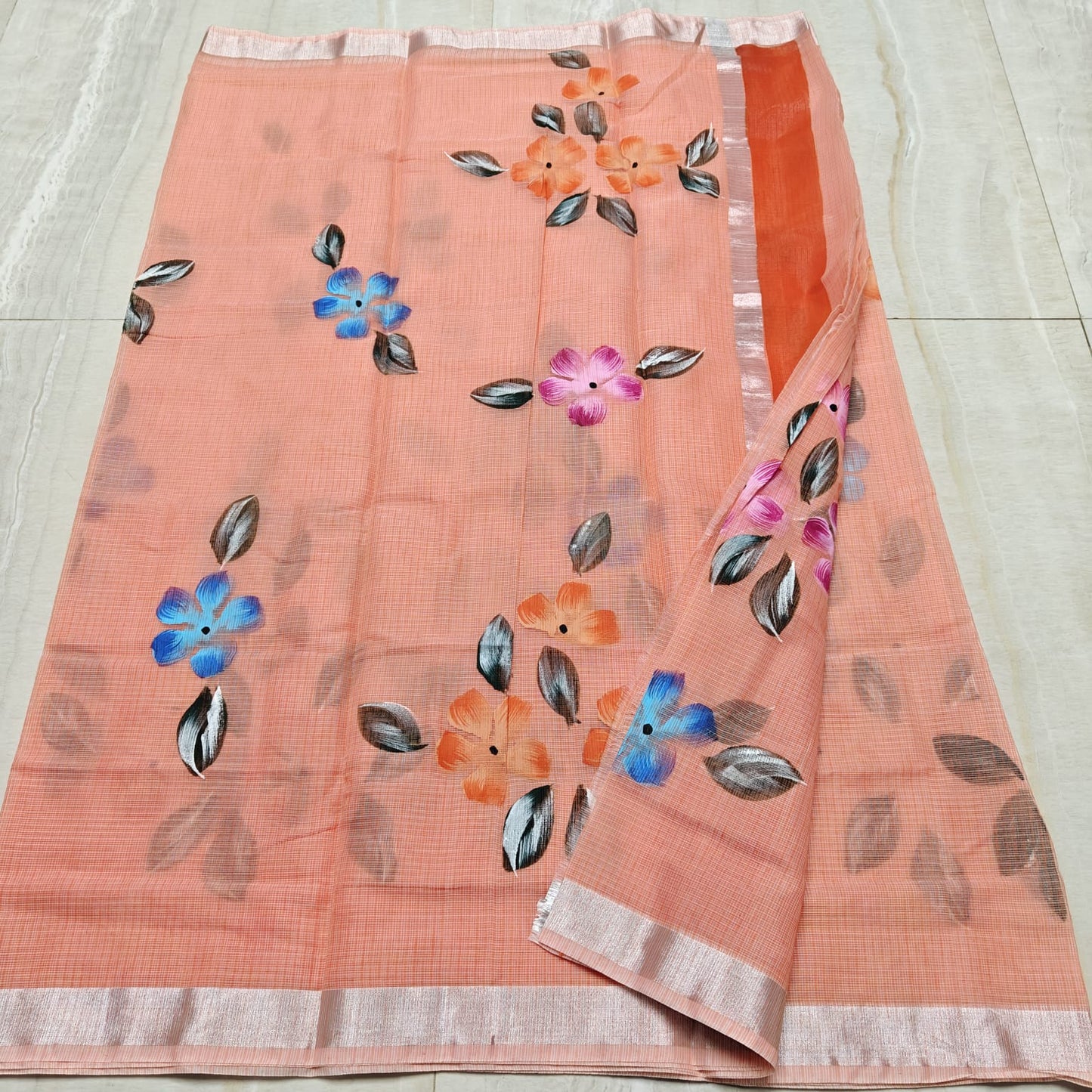 Kota Doria Saree With Hand Bursh Print Work
