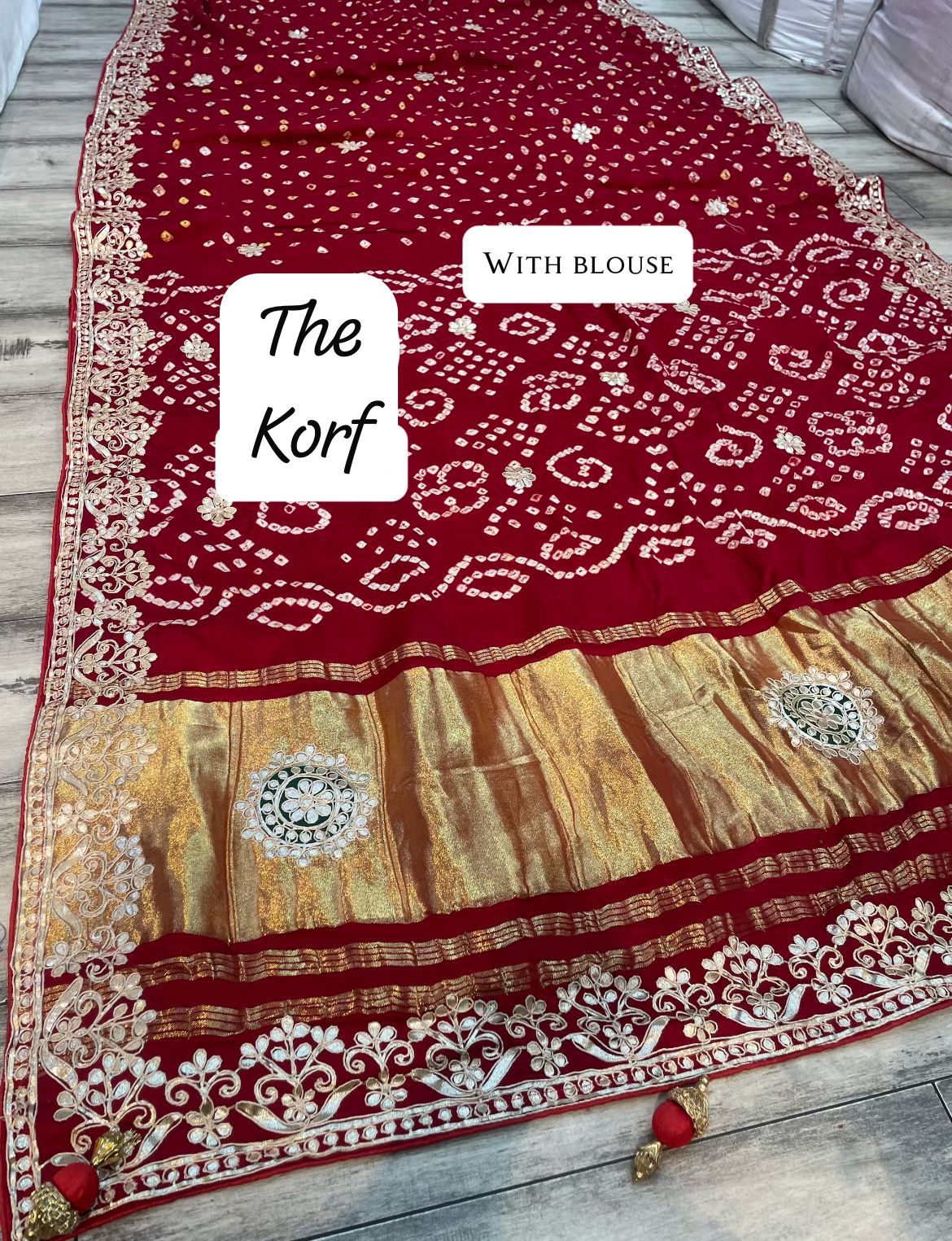 Pure Hand Bandhej Gajji Silk Saree Gota Patti Work With Hand Work Blouse.