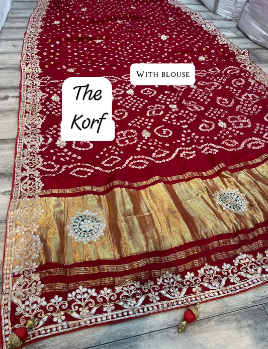 Pure Hand Bandhej Gajji Silk Saree Gota Patti Work With Hand Work Blouse.