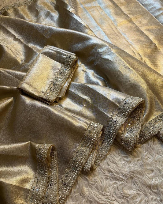 Tissue Silk Saree with Stripe Work and Moti Border