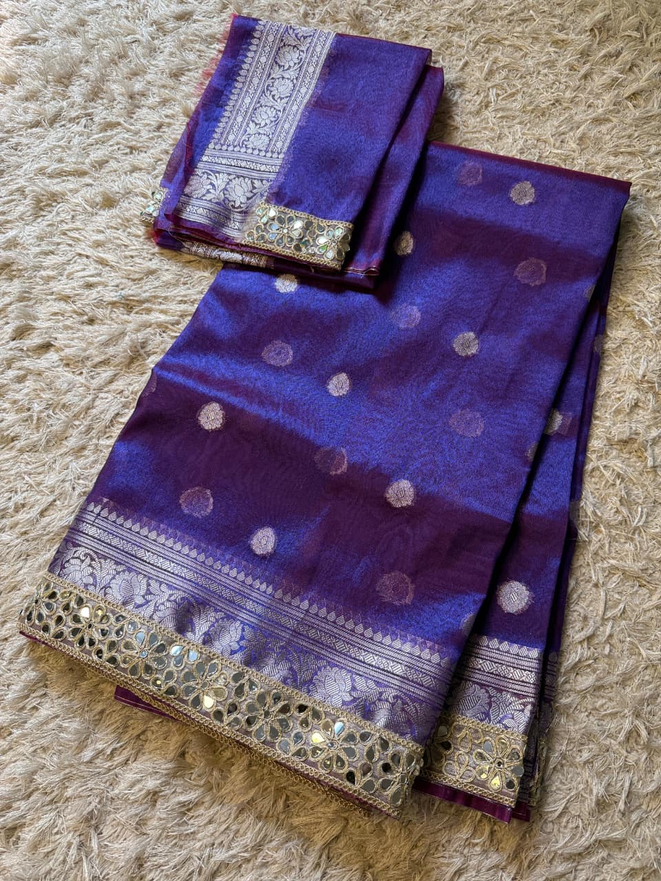Tissue Silk Saree with Stripe Work and Moti Border