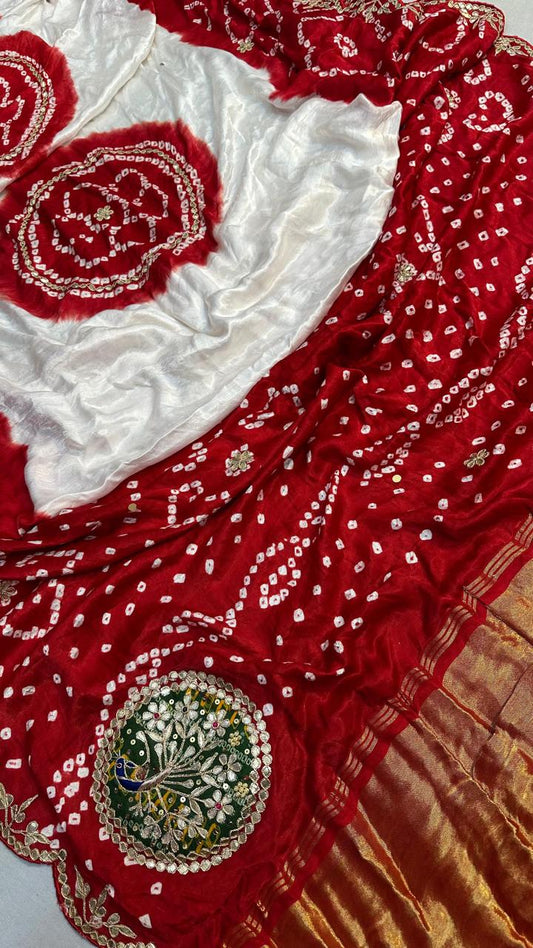 Pure Hand Bandhej Gajji Silk Saree Gota Patti Work With Hand Work Blouse.