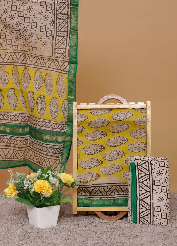 Pure Hand Block Chanderi Silk Unstitched Suit With Chanderi Dupatta