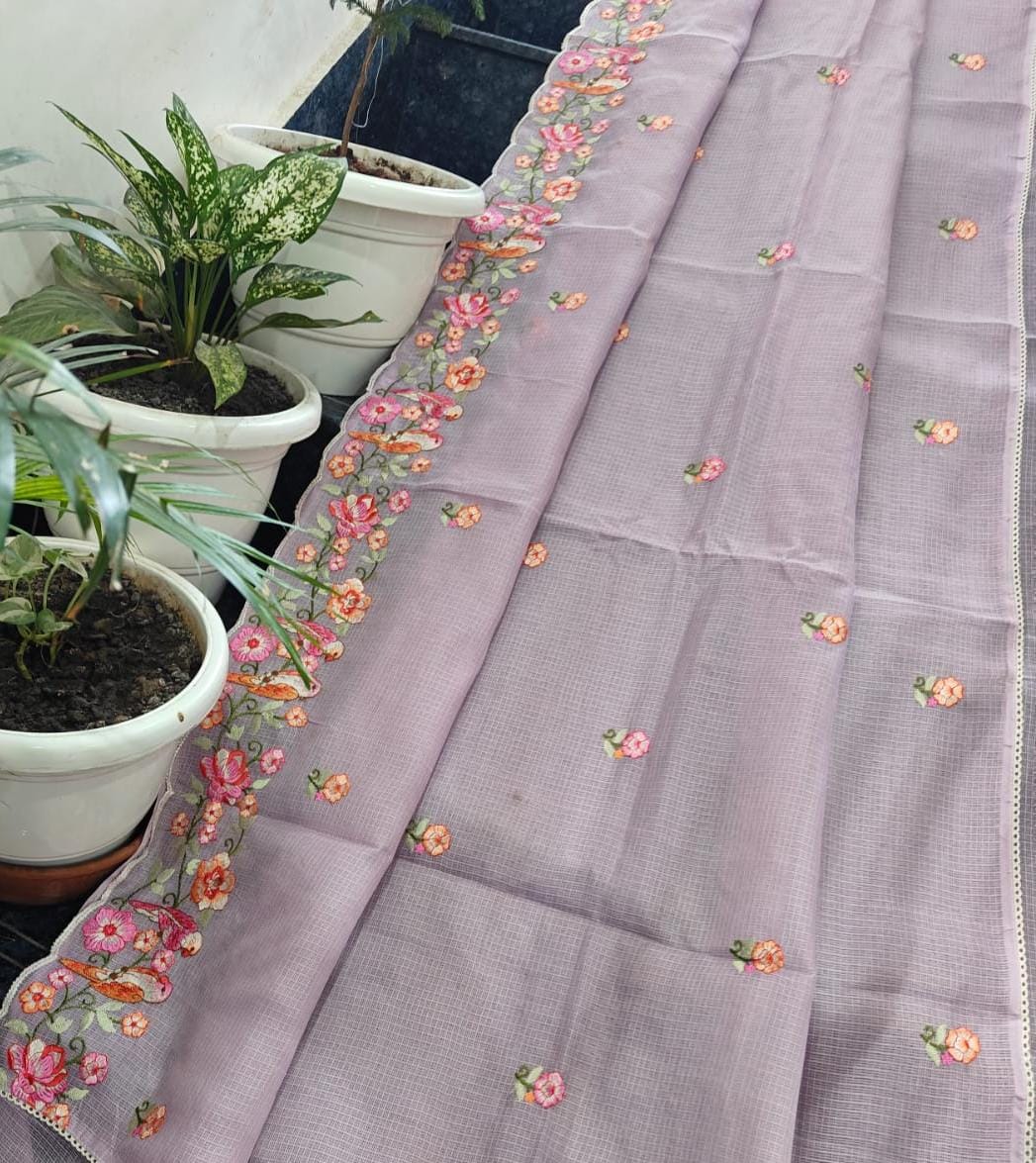 Kota Doria Soft Silk Saree With Embroidery  Work