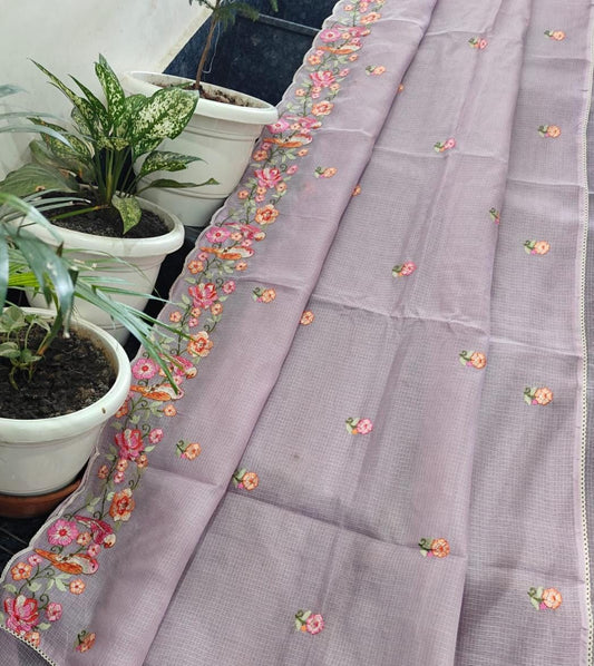 Kota Doria Soft Silk Saree With Embroidery  Work