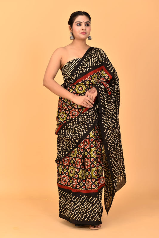 Pure Hand Printed Cotton Sarees With Blouse
