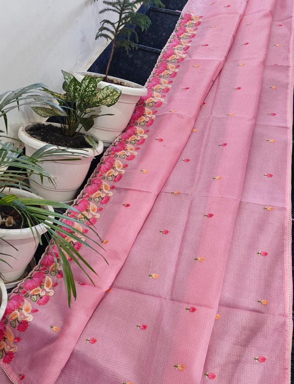 Kota Doria Soft Silk Saree With Embroidery  Work