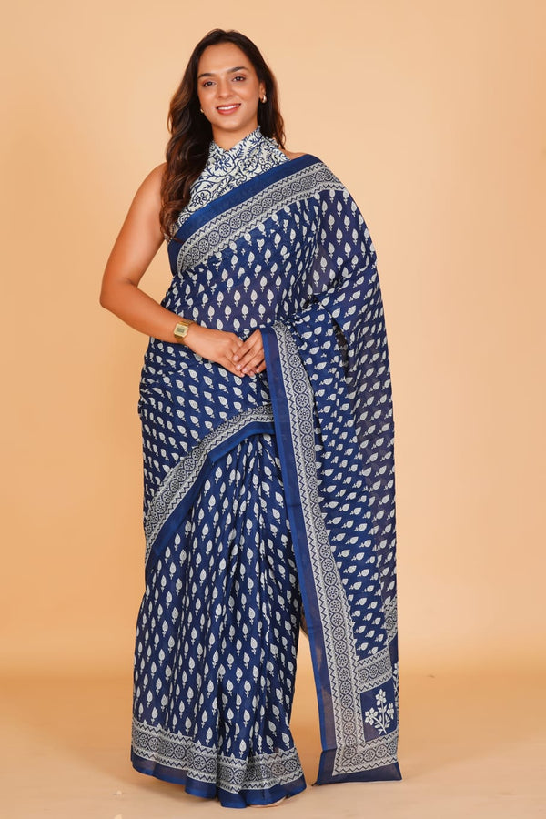 Pure Hand Printed Cotton Sarees With Blouse