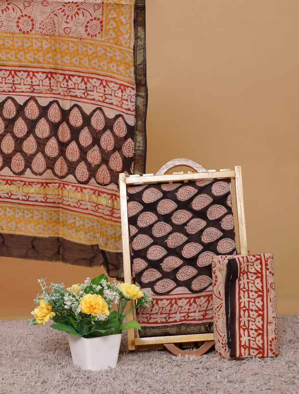 Pure Hand Block Chanderi Silk Unstitched Suit With Chanderi Dupatta