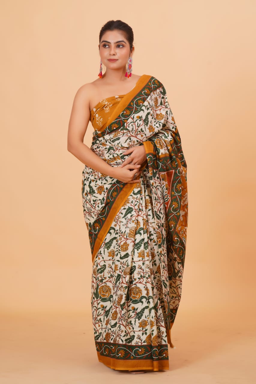 Pure Hand Printed Cotton Sarees With Blouse