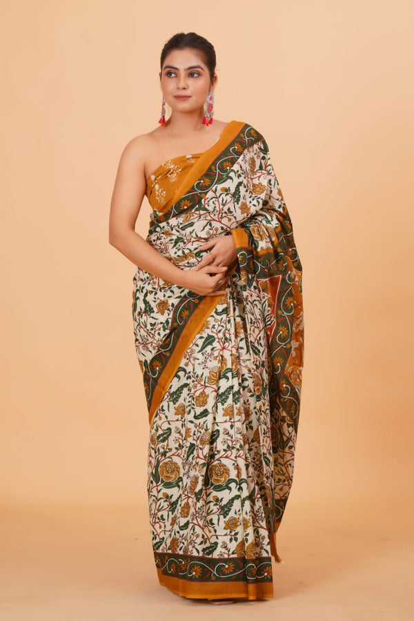 Pure Hand Printed Cotton Sarees With Blouse