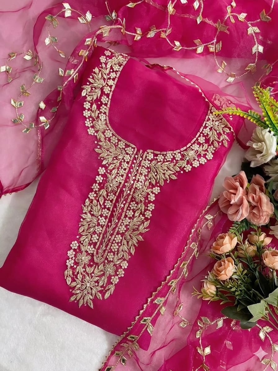 Pure Organza Zardozi Work unstitched Suit With Gota Patti Dupatta