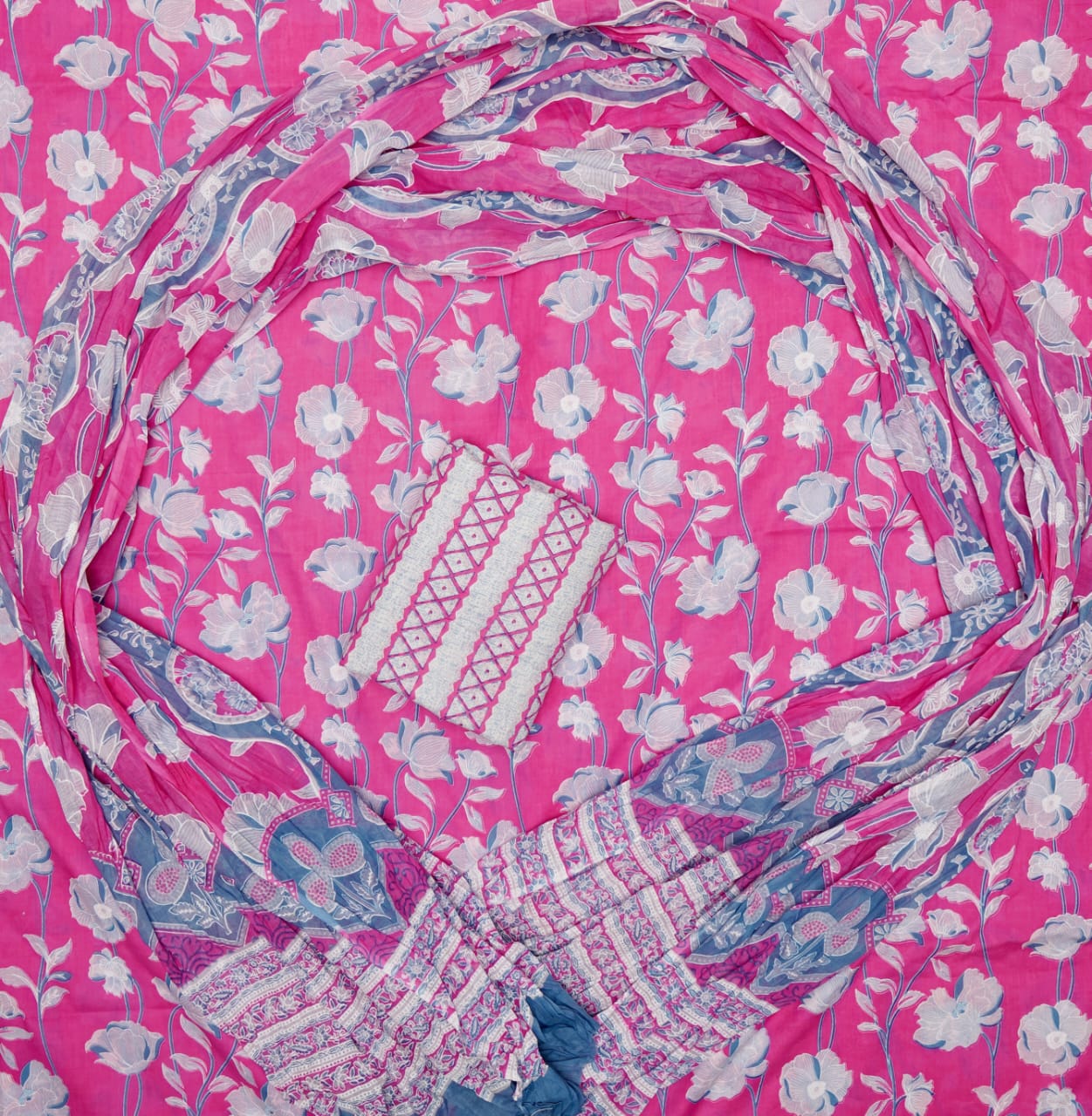 Pure Cotton Hand Block Print Unstitched Suit With Mul Cotton Dupatta.