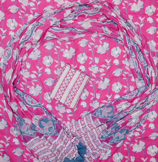 Pure Cotton Hand Block Print Unstitched Suit With Mul Cotton Dupatta.